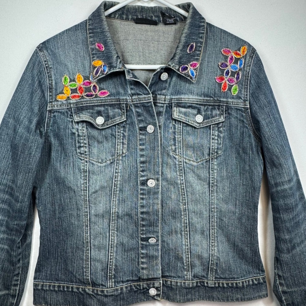 New‎ York & Company Denim Jacket Colorful Embellished Jean Jacket Women's Large